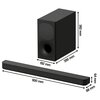 Na zdjęciu znajduje się czarny soundbar oraz bezprzewodowy subwoofer. Obok urządzeń widoczne są wymiary: soundbar ma 900 mm długości, 64 mm wysokości i 88 mm głębokości, a subwoofer 192 mm szerokości, 382 mm wysokości i 390 mm głębokości.