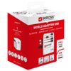 Czerwone opakowanie adaptera podróżnego SKROSS z napisem "WORLD ADAPTER USB" oraz informacjami o kompatybilności z regionami: Europa, Ameryki, Azja, Afryka. Widoczne są także specyfikacje techniczne, takie jak "USB C 15 W max." i "USB 2.4 A max.", oraz lo