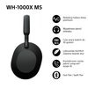 Na zdjęciu widoczne są czarne słuchawki nauszne z napisem "SONY" na pałąku oraz tekst "WH-1000X M5". Obok słuchawek znajdują się ikony z opisami: "Redukcja hałasu klasy premium", "Wyjątkowa jakość dźwięku", "Czas pracy baterii do 30 godzin", "Luksusowy ko