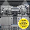 Wnętrze zmywarki z widocznymi koszami i elementami regulacji, na środku znajduje się logo "beko", a poniżej napis "POWERIntense". W prawym dolnym rogu żółte koło z napisem "SYSTEM ACROBAT 3-POZIOMOWA REGULACJA KOSZA".