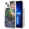 Przezroczyste etui na telefon ozdobione jest kolorowym motywem kwiatowym oraz brokatem, a na dole widnieje napis "GUESS". Obok etui znajduje się telefon z wyświetlaczem pokazującym niebieski gradient.