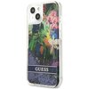 Przezroczyste etui na telefon z kolorowym motywem kwiatowym i błyszczącymi elementami. Na dole etui znajduje się napis "GUESS" na ciemnym tle.