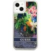 Przezroczyste etui na telefon z kolorowym motywem kwiatowym i niebieskim brokatem w dolnej części. Na środku widnieje napis "GUESS" na ciemnym tle.