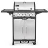 Srebrny grill gazowy z czterema pokrętłami, oznaczony jako "NEBRASKA 3.1 Premium", posiada dwie boczne półki i dolną szafkę z dwoma drzwiami. Na pokrywie widoczne jest logo "ACTIVA".