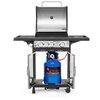 Grill gazowy z otwartą pokrywą, posiada cztery pokrętła na panelu przednim z napisem "NEBRASKA 3.1 Premium". Pod grillem znajduje się niebieska butla gazowa z napisem "ACTIVA MASTERCOOK 12,0".