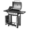 Grill gazowy z otwartą pokrywą, posiada cztery pokrętła sterujące na panelu przednim z napisem "NEBRASKA 3S Premium". Pod grillem znajdują się otwarte drzwiczki szafki, a po bokach widoczne są dodatkowe półki.