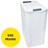 Biała pralka ładowana od góry z panelem sterowania i pokrętłem, na którym widnieje logo "Candy". Obok pralki znajduje się żółte koło z napisem "8KG PRANIA".