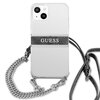Przezroczyste etui na telefon z widocznym napisem "GUESS" na ciemnym pasku, umieszczonym poziomo w dolnej części. Do etui przymocowany jest czarny pasek oraz srebrny łańcuszek.