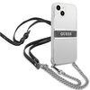 Przezroczyste etui na telefon z widocznym czarnym paskiem ozdobionym wzorem 4G oraz napisem "GUESS" na środku. Etui posiada metalowe elementy na dole, które mogą służyć do przypięcia paska.