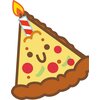 Ilustracja przedstawia kawałek pizzy z uśmiechniętą buzią, ozdobiony świeczką w biało-czerwone paski. Na pizzy znajdują się czerwone kropki przypominające pepperoni oraz zielone i brązowe elementy.