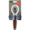 Opakowanie szczotki z napisem "HUNTER" w lewym górnym rogu oraz "Pflegebürste, klein" i "Grooming brush, small" na dole. Szczotka ma brązowy uchwyt i widoczne metalowe ząbki, a tło opakowania imituje sierść.