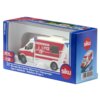 Opakowanie modelu samochodu SIKU Super Mercedes Benz Sprinter Ambulans Typu C S2115, z widocznym pojazdem w skali 1:50, w kolorze białym z czerwonymi elementami i napisem "FEUERWEHR 112". Na opakowaniu znajdują się napisy: "METAL + PLASTIC PARTS", "2115 M