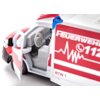Model samochodu zabawkowego przedstawiający ambulans z otwartymi drzwiami, ukazujący wnętrze z kierownicą i siedzeniem. Na boku pojazdu widoczny jest napis "FEUERWEHR 112" oraz oznaczenie "RTW 1".