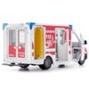 Model samochodu zabawkowego przedstawia ambulans z otwartymi drzwiami, na którym widnieją napisy "FEUERWEHR", "112", "RTW 1" oraz symbol serca z linią życia. Pojazd ma czerwono-białe oznaczenia i niebieskie światła ostrzegawcze na dachu.