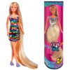 Lalka z długimi blond włosami ubrana w kolorową, cekinową sukienkę i fioletowe buty, obok znajduje się opakowanie z napisem "XXL Hair" oraz "+7 Accessories". Tło opakowania jest różowe z błyszczącymi elementami, a na dole widnieje logo "Steffi".