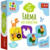 Pudełko gry edukacyjnej "ABC malucha Farma" marki Trefl, z ilustracjami psa, traktora, kury i koguta oraz napisami: "Zabawa Nauka Rozwój", "Farma Gra Edukacyjna", "2-3 lata", "Gruba tektura Duże elementy". Logo Trefl znajduje się w prawym górnym rogu.