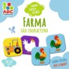 Na obrazku znajduje się kolorowa grafika promująca grę edukacyjną "Farma" z serii "ABC malucha", z ilustracjami traktora, kury i koguta na kolorowych tłach. Widoczne są napisy: "Zabawa Nauka Rozwój", "Gra edukacyjna", "2-3 lata", "Gruba tektura Duże eleme