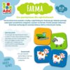 Na zdjęciu znajduje się opakowanie gry edukacyjnej "ABC malucha Farma" dla dzieci w wieku 2-3 lata, z kolorowymi ilustracjami zwierząt i maszyn rolniczych. Tekst informuje o zawartości: 12 par dużych kartoników memos oraz przewodnik dla rodziców, a także 