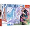 Pudełko puzzli TREFL z motywem z filmu "Disney Kraina Lodu II", zawierające 200 elementów, przedstawia postacie z filmu na tle zimowego krajobrazu. Na opakowaniu widnieje logo TREFL oraz oznaczenie wiekowe 7+.