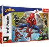 Pudełko puzzli przedstawia postać Spidermana w dynamicznej pozie na tle miasta, otoczonego przez inne postacie z komiksów. Na opakowaniu widnieje napis "Trefl Puzzle", liczba elementów "300" oraz oznaczenie wiekowe "8+", a także logo "Trefl".