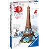 Pudełko z puzzlami 3D przedstawiające model Wieży Eiffla, z napisem "3D Puzzle minis Collection" oraz "Ravensburger" na niebieskim tle. Widoczne są informacje o produkcie, takie jak "Sturdy - no glue required" i "La Tour Eiffel, 24,2 cm / 9.5 in".