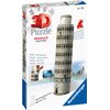 Pudełko z puzzlami 3D przedstawia Krzywą Wieżę w Pizie, z napisem "3D Puzzle minis Collection" oraz informacją o stabilności bez użycia kleju w czterech językach. Widoczne jest logo "Ravensburger" oraz oznaczenie "Torre Pendente di Pisa 20,4 cm / 8 in."