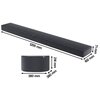 Na zdjęciu widoczny jest czarny soundbar o wymiarach 1200 mm x 160 mm x 71 mm oraz subwoofer o wymiarach 380 mm x 380 mm x 214 mm. Oba urządzenia mają teksturowaną powierzchnię, a na zdjęciu znajdują się strzałki z wymiarami.