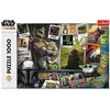 Puzzle przedstawiają różne grafiki związane z postaciami z serii "Star Wars: Mandalorian", w tym Grogu i Mandalorianina, otoczone plakatami i zdjęciami z napisami takimi jak "THIS IS THE WAY" oraz "WANTED". Na opakowaniu widnieje logo Trefl oraz napis "PU