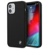 Czarne etui na telefon z logo BMW w dolnej części, zaprojektowane dla modelu Apple iPhone 12 mini. Na ekranie telefonu widoczna jest godzina 9:41 oraz data "Tuesday, August 7".