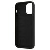 Czarne etui silikonowe z wycięciem na aparat i przyciski, przeznaczone do Apple iPhone 12 mini. Na wewnętrznej stronie etui widoczny jest napis "BMW".
