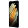 Etui w kolorze granatowym jest założone na telefon Samsung Galaxy S21+, prezentując jego ekran z abstrakcyjną grafiką w odcieniach bieli, żółci i pomarańczu. Na bocznej krawędzi etui widoczne są przyciski.