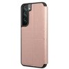 Różowe etui na telefon z teksturą saffiano, zaprojektowane dla modelu Samsung Galaxy S22+ 5G, widoczne jest z tyłu, z wycięciem na aparat. Etui ma elegancki wygląd z delikatnym połyskiem i przeszyciami, które dodają mu stylu.