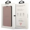 Różowe etui na telefon z napisem "GUESS" jest umieszczone w przezroczystym opakowaniu z uchwytem. Na opakowaniu widnieje tekst: "A fashionable and elegant protective case for your mobile phone" oraz ikony z opisami: "Slim Profile", "Drop Protection", "Eas