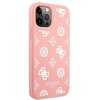 Różowe etui na telefon z białymi wzorami geometrycznymi i monogramami. Na dole widoczny jest napis "GUESS EST. 1981".