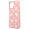 Różowe etui na telefon z kolekcji Peony, ozdobione białymi wzorami w kształcie kwiatów i monogramów. Na dole etui widnieje napis "GUESS EST. 1981".