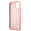 Różowe etui na telefon z kolekcji Peony, przeznaczone dla iPhone 12 Pro Max, ma gładką powierzchnię zewnętrzną. Wnętrze etui jest wyłożone materiałem z powtarzającym się wzorem logo "GUESS".
