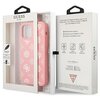 Różowe etui na telefon z kolekcji Peony marki Guess jest zapakowane w przezroczyste opakowanie, które ukazuje jego wzór z białymi kwiatowymi motywami. Na opakowaniu widnieje tekst: "GUESS EST. 1981", a także informacje o produkcie, takie jak "Mobile phone