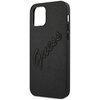 Czarne etui na telefon z teksturą saffiano, przeznaczone do modelu Apple iPhone 12 Pro Max. Na powierzchni etui widnieje wytłoczony napis "Guess".