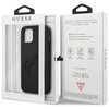 Opakowanie zawiera czarne etui z napisem "Guess" w stylu vintage, przeznaczone do Apple iPhone 12 Pro Max. Na opakowaniu widnieje tekst: "A fashionable and elegant protective case for your mobile phone" oraz ikony z opisami: "Slim Profile", "Drop Protecti