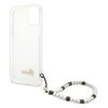 Pudełko zawiera przezroczyste etui na telefon z napisem "Guess" oraz ozdobnym paskiem z koralików. Na opakowaniu widnieje tekst: "A fashionable and elegant protective case for your mobile phone" oraz ikony z opisami: "Slim profile", "Drop protection", "Ea