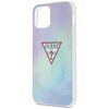 Etui na telefon w kolorze niebieskim z efektem tie-dye, z widocznym logo "GUESS U.S.A." w kształcie trójkąta z pytajnikiem w środku. Na trójkącie znajdują się napisy "WASHED" i "JEANS".