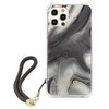 Etui na telefon z szarym, marmurkowym wzorem, posiada wycięcia na aparat i przyciski. Na dole widnieje złoty napis "GUESS EST 1981", a do etui dołączony jest czarny pasek z metalowym zapięciem.