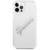 Przezroczyste etui na telefon z widocznym napisem "Guess" w stylu vintage, umieszczonym na tylnej części. Etui jest dopasowane do modelu Apple iPhone 12/12 Pro, a jego powierzchnia jest gładka i błyszcząca.