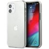 Przezroczyste etui z wzorem 3D i logo producenta na tylnej części, przeznaczone do telefonu Apple iPhone 12 mini. Na ekranie telefonu widoczna jest godzina 9:41 oraz data "Tuesday, August 7", a także ikona aparatu.