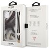 Opakowanie zawiera etui na telefon z marmurkowym wzorem oraz odpinanym paskiem, z widocznym logo "GUESS" i napisem "HARD CASE WITH REMOVABLE STRAP". Na odwrocie opakowania znajdują się informacje w języku angielskim, francuskim i włoskim oraz ikony przeds