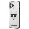 Przezroczyste etui na telefon z grafiką przedstawiającą stylizowaną postać kota w okularach przeciwsłonecznych. Na dole etui widnieje napis "KARL LAGERFELD".