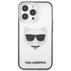 Przezroczyste etui na telefon z grafiką przedstawiającą białą postać kota w czarnych okularach przeciwsłonecznych i obroży. Na dole etui widnieje napis "KARL LAGERFELD".