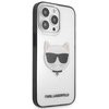 Przezroczyste etui na telefon z czarną ramką, ozdobione grafiką białego kota w okularach przeciwsłonecznych. Na dole etui widnieje napis "KARL LAGERFELD".