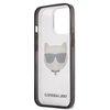 Przezroczyste etui na telefon z ciemnymi krawędziami, ozdobione grafiką przedstawiającą kota w okularach przeciwsłonecznych. Na dole etui widnieje napis "KARL LAGERFELD".