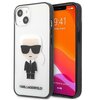 Przezroczyste etui na telefon z grafiką przedstawiającą postać w ciemnych okularach i garniturze, z białymi włosami związanymi w kucyk. Na dole etui widnieje napis "KARL LAGERFELD".